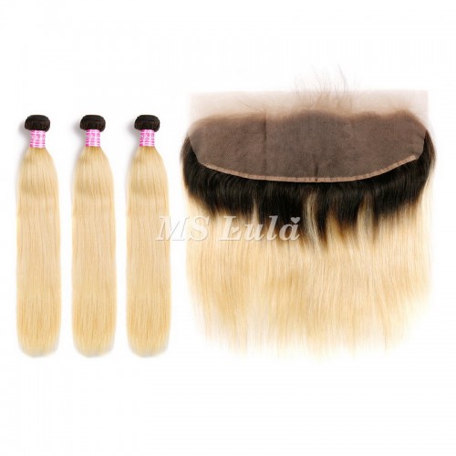 Black Roots 1b/613 Ombre Color Straight Virgin Hair Bundles With 13x4 Lace Frontal | Human Hair Wig | Lace Front