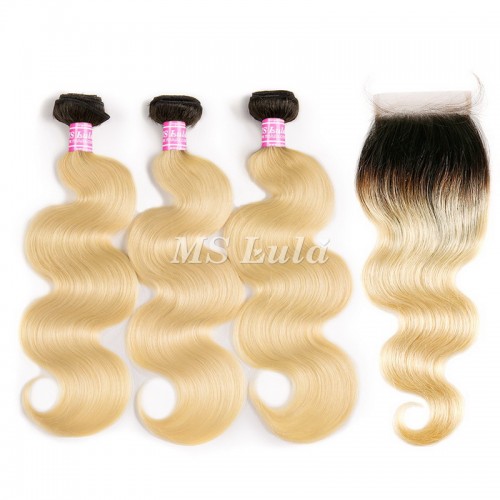 Black Roots 1b/613 Ombre Color Body Wave Virgin Hair Bundles With 4x4 Lace Closure | Human Hair Wig | Lace Front