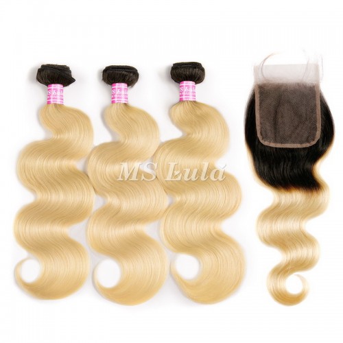 Black Roots 1b/613 Ombre Color Body Wave Virgin Hair Bundles With 4x4 Lace Closure | Human Hair Wig | Lace Front