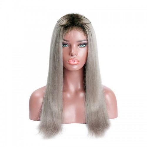 Black Root Ombre Silver Grey Straight Human Hair 13x4 Lace Front Wig | Human Hair Wig | Lace Front