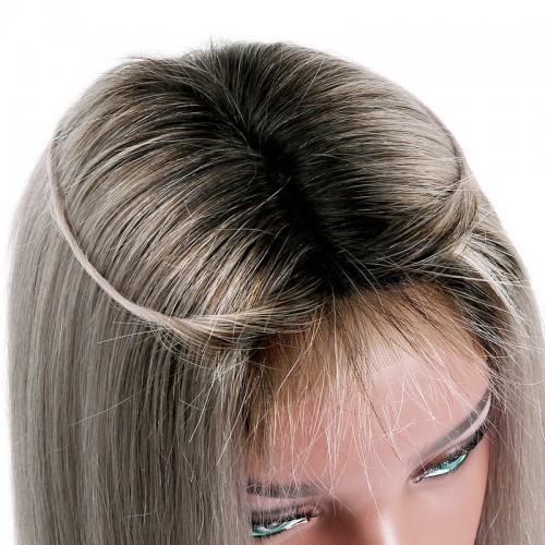 Black Root Ombre Silver Grey Straight Human Hair 13x4 Lace Front Wig | Human Hair Wig | Lace Front