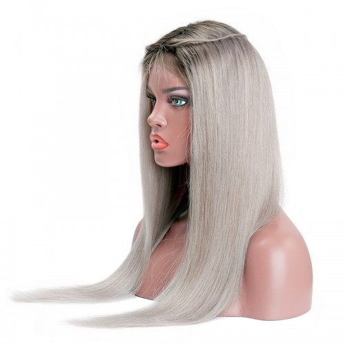Black Root Ombre Silver Grey Straight Human Hair 13x4 Lace Front Wig | Human Hair Wig | Lace Front