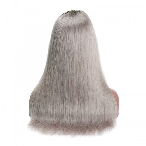 Black Root Ombre Silver Grey Straight Human Hair 13x4 Lace Front Wig | Human Hair Wig | Lace Front