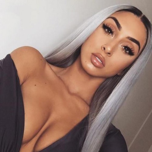 Black Root Ombre Silver Grey Straight Human Hair 13x4 Lace Front Wig | Human Hair Wig | Lace Front