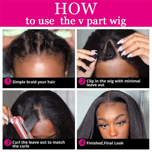 Virgin Human Hair Kinky Straight V Part Wigs | Human Hair Wig | Lace Front