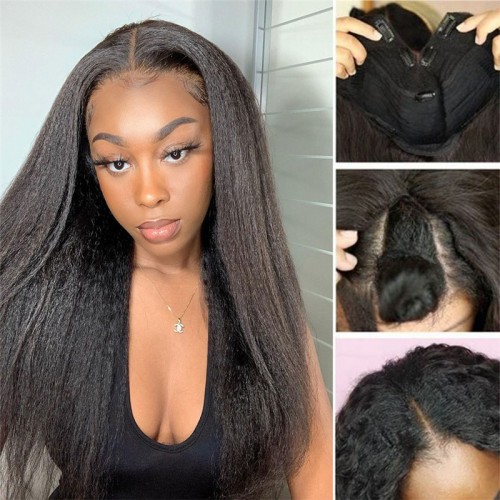 Virgin Human Hair Kinky Straight V Part Wigs | Human Hair Wig | Lace Front