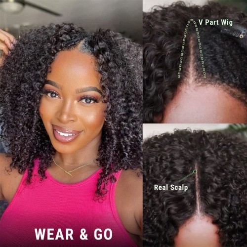 Virgin Human Hair Afro Kinky Curly V Part Wigs | Human Hair Wig | Lace Front