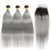 Black Root Green Grey Natural Straight Virgin Hair Bundles With 4x4 Closure