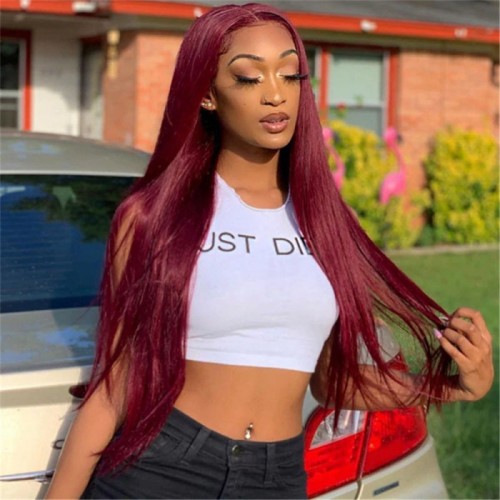 #99J Color Human Hair Straight Transparent Lace 13x4 Full Frontal Wig | Human Hair Wig | Lace Front