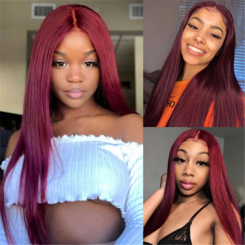 #99J Color Human Hair Straight Transparent Lace 13x4 Full Frontal Wig | Human Hair Wig | Lace Front