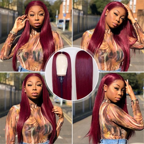 #99J Color Human Hair Straight Transparent Lace 13x4 Full Frontal Wig | Human Hair Wig | Lace Front