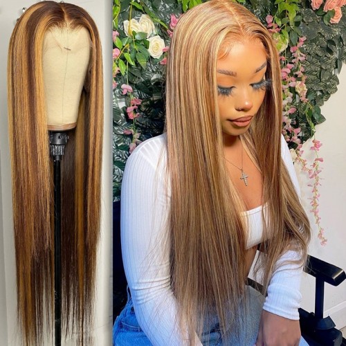 Piano Color Highlight #4/27 Human Hair 13x4 Lace Front Wig Silky Straight | Human Hair Wig | Lace Front