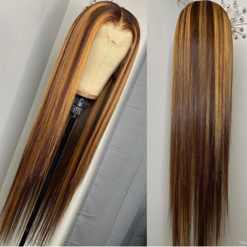 Piano Color Highlight #4/27 Human Hair 13x4 Lace Front Wig Silky Straight | Human Hair Wig | Lace Front