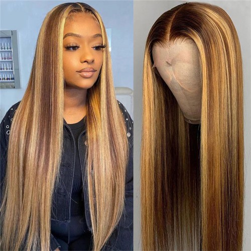 Piano Color Highlight #4/27 Human Hair 13x4 Lace Front Wig Silky Straight | Human Hair Wig | Lace Front