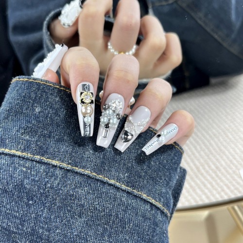 10Pcs Long Press on Nails Cat Eye False Nails Cute Pearl 3D Design Manicure for Girls Women | Human Hair Wig | Lace Front