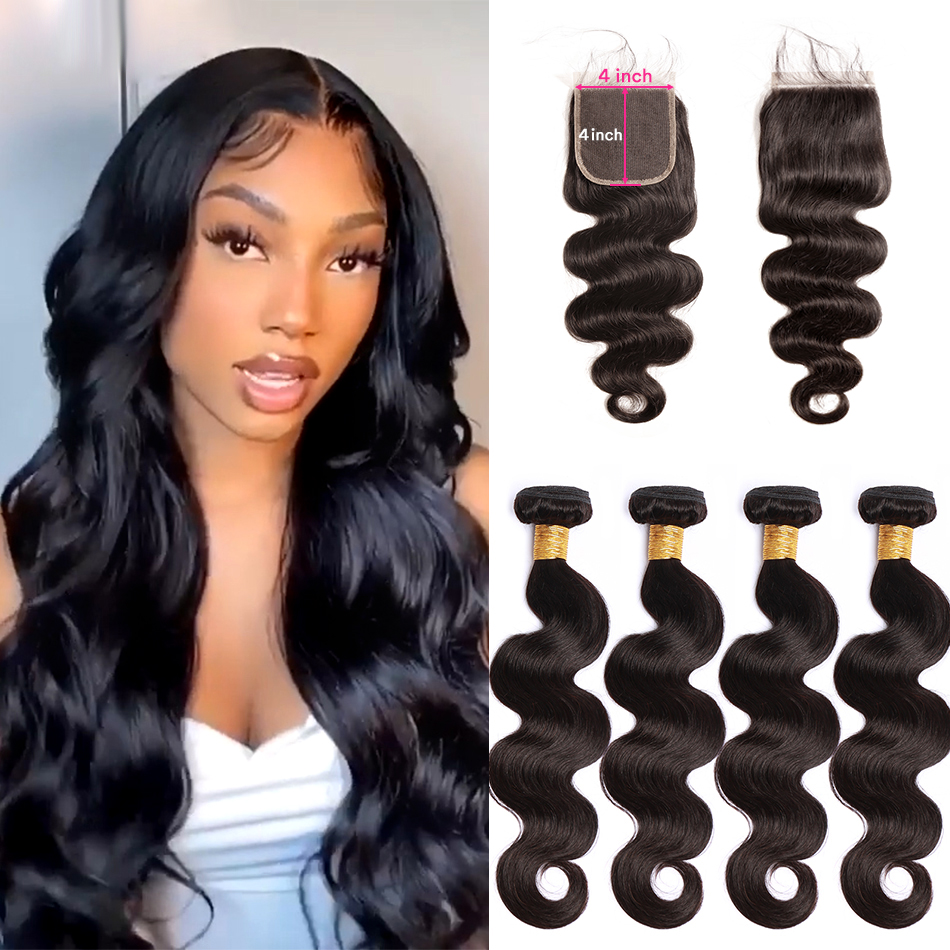 Virgin Hair Body Wave Bundles With 4x4 Transparent/HD  Lace Closure