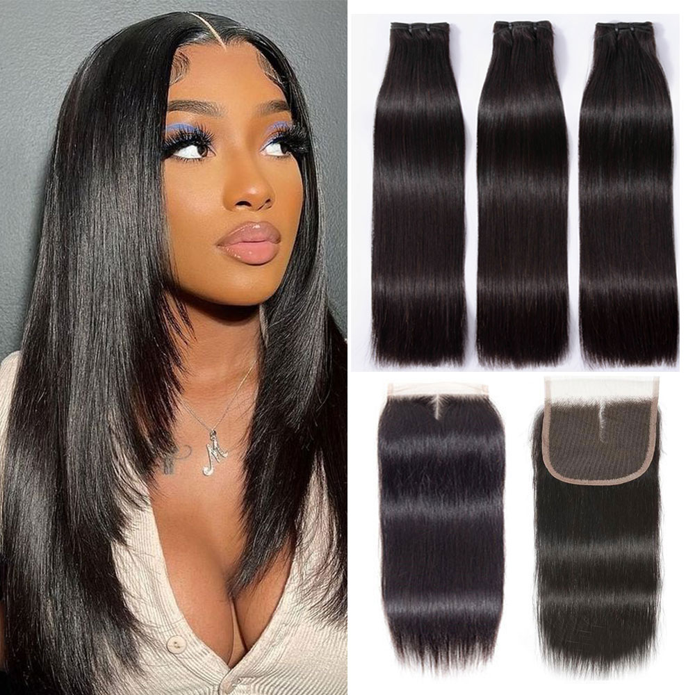 Double Drawn Virgin Human Hair Straight Bundles With 4x4 Lace Closure
