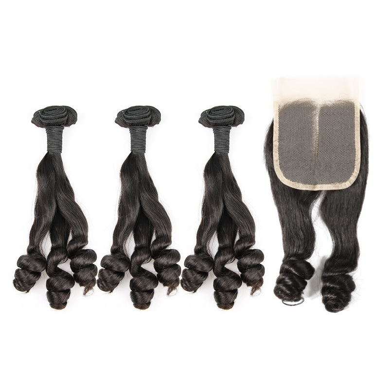 Magic Curly Double Drawn Virgin Human Hair Bundles With 4x4 Lace Closure