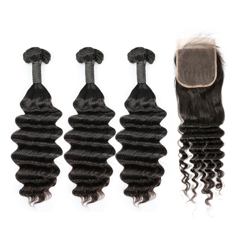 Loose Deep Wave Double Drawn Virgin Human Hair Bundles With 4x4 Lace Closure