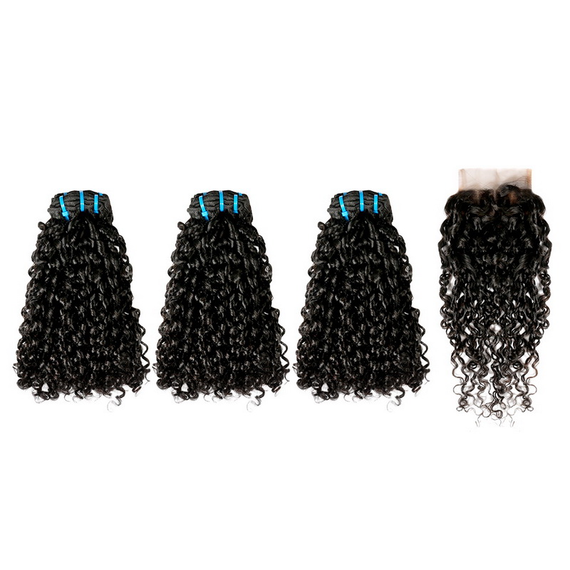 Double Drawn Curly (Pissy B) Virgin Human Hair Bundles With 4x4 Lace Closure