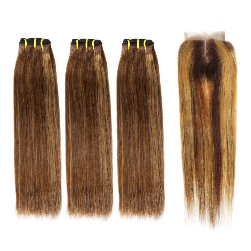 Piano Color #4/27 Double Drawn Virgin Human Hair Straight Bundles With 4x4 Lace Closure