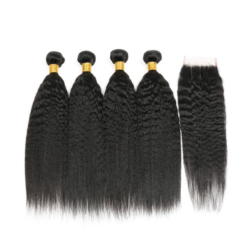 Virgin Hair Kinky Straight Bundles With 4x4 Transparent/HD Lace Closure
