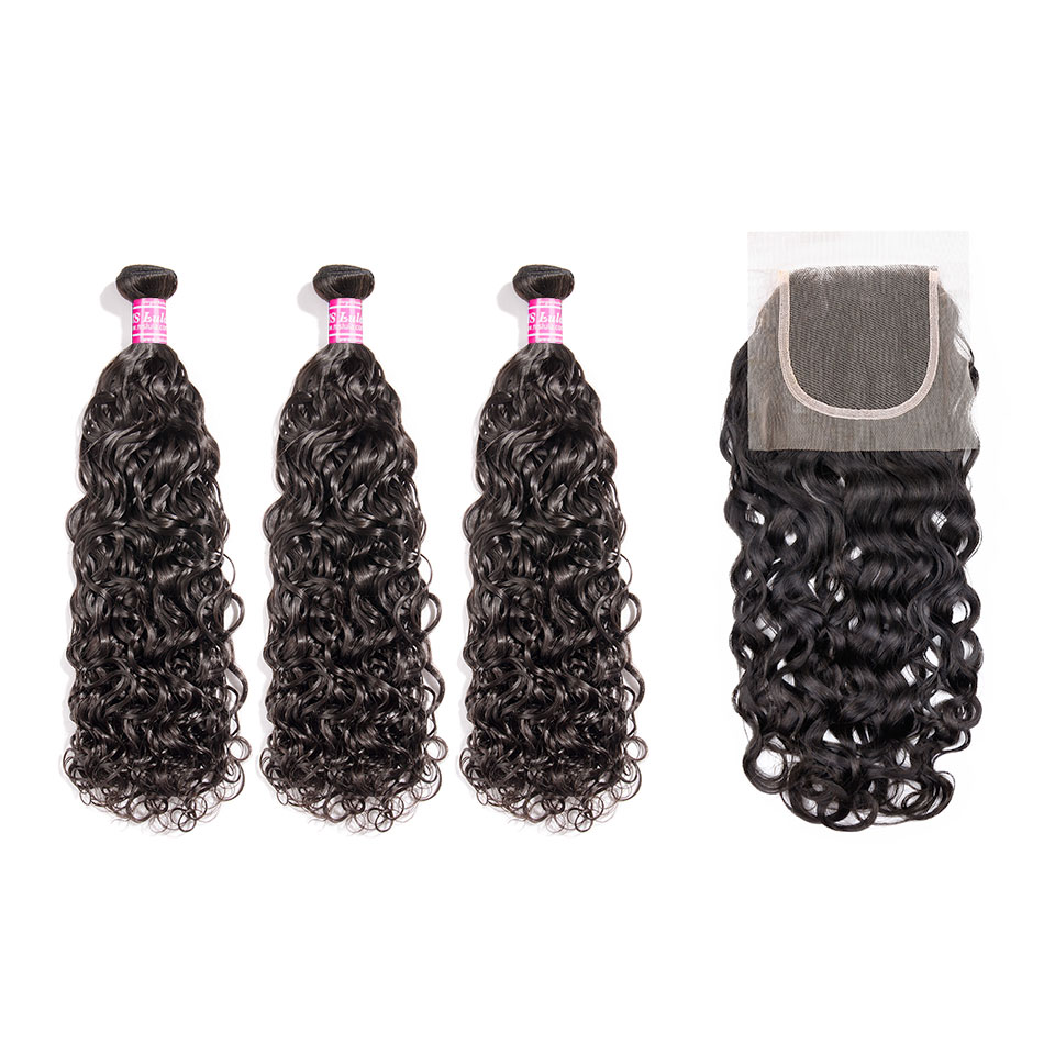 Virgin Water Wave Hair Bundles With 1 Lace Closure