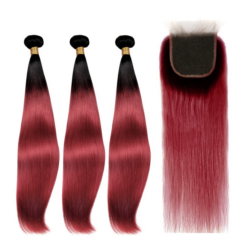 Black Root Ombre Wine Red Color Straight Virgin Hair Bundles With 4x4 Lace Closure