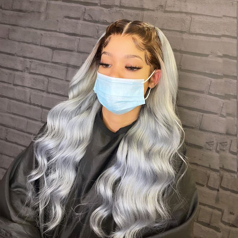 Black Root Ombre Silver Grey Body Wave Human Hair Pre-made 13x4 Lace Front Wig