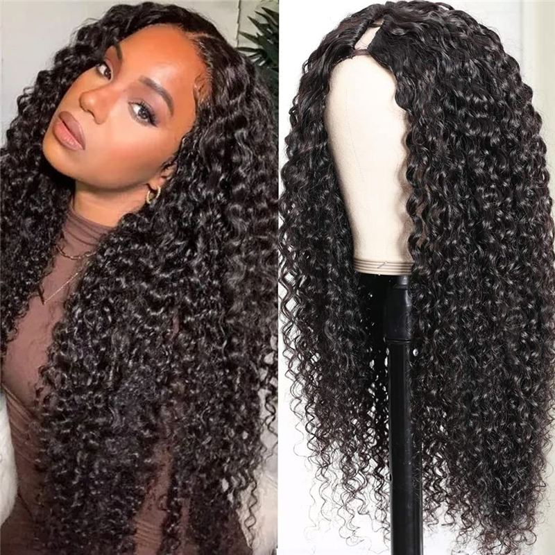 Virgin Human Hair Afro Kinky Curly V Part Wigs