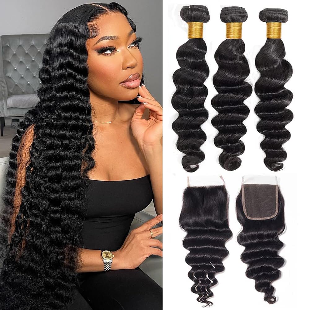 Virgin Loose Deep Wave Hair Bundles With 5x5 Transparent/HD Lace Closure