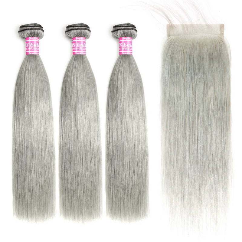Straight Bundle With Lace Frontal Grey Silver Color Cheap