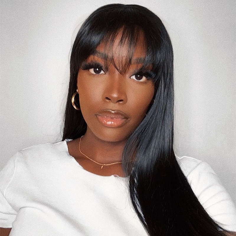 Straight Transparent Lace Front Wig 180 Density With Bang