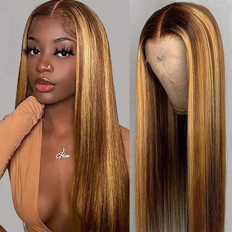 #4/27 Honey Blonde Highlight Lace Front Wig Straight & Body Wave