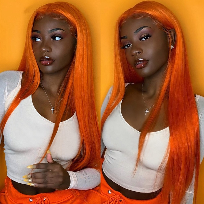 Orange Ginger Color Human Hair T-Part Lace Wig Silky Straight