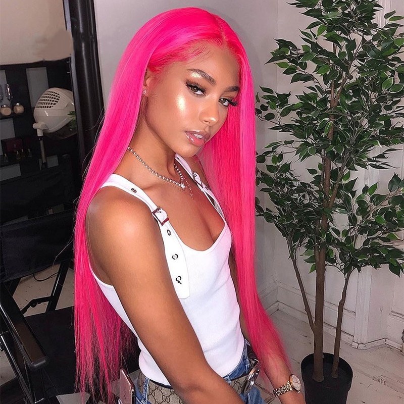 Hot Pink Human Hair Full Lace Wigs Silky Straight