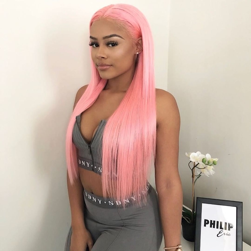 Pink Human Hair Lace Front Wigs Silky Straight