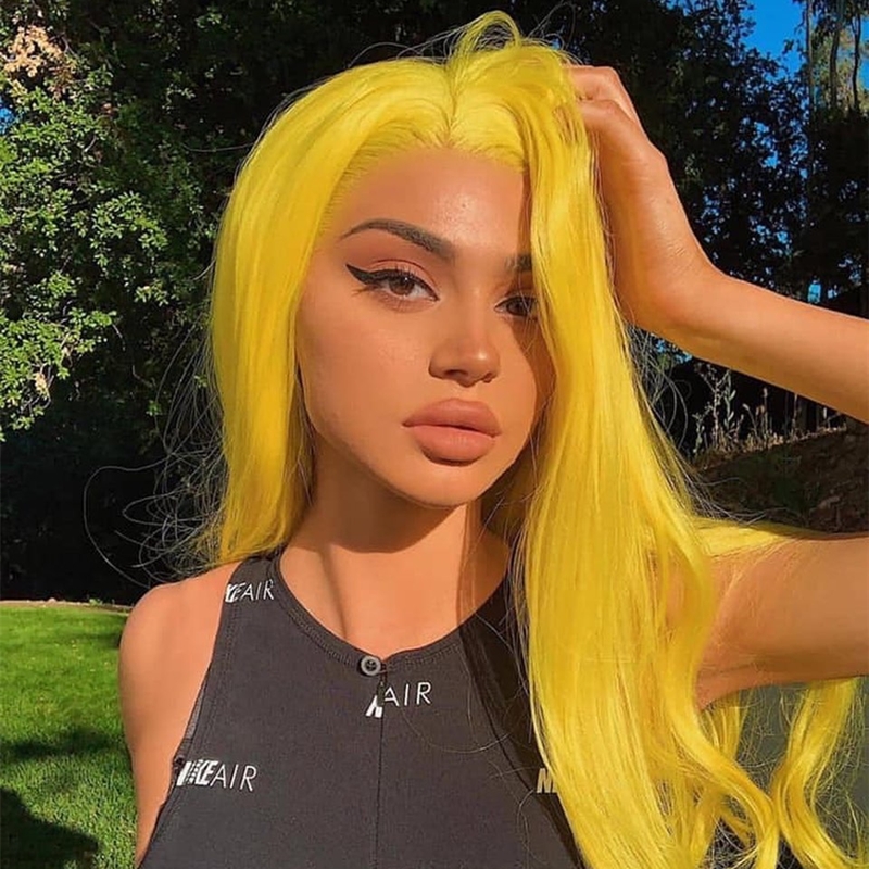 Yellow Human Hair Lace Front Wigs Silky Straight