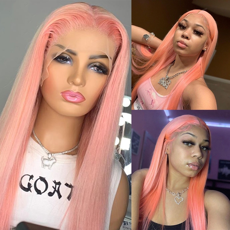 Light Pink Human Hair Full Lace Wigs Silky Straight