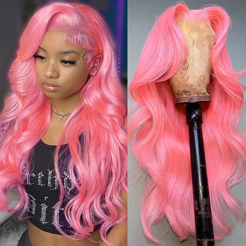 Pink Color 13x4 Transparent Lace Front Wigs Body Wave