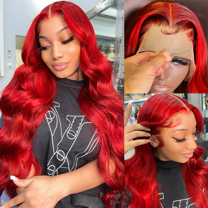 Red Color 13x4 Transparent Lace Front Wigs Body Wave